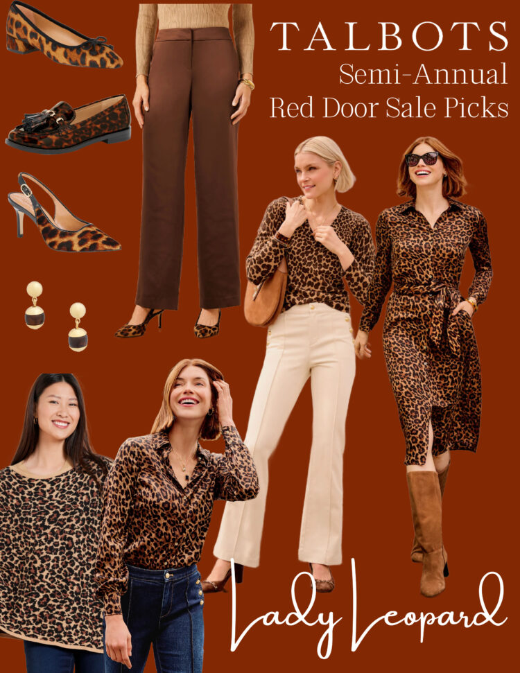 collage of leopard printed items in the Talbots semi-annual red door sale