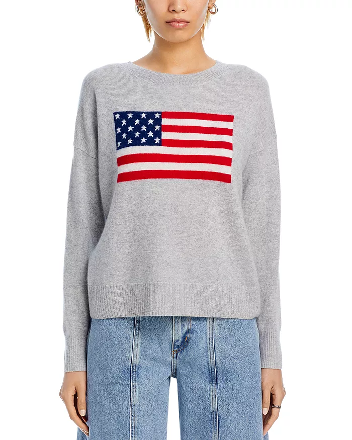 AQUA Cashmere American Flag Crewneck Sweater