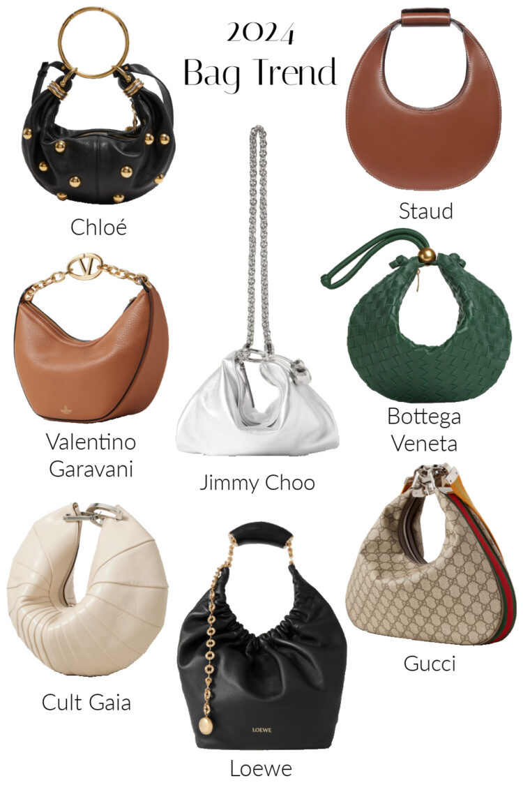 collage of 8 designer bags currently available in 2024 that have a similar cinched style