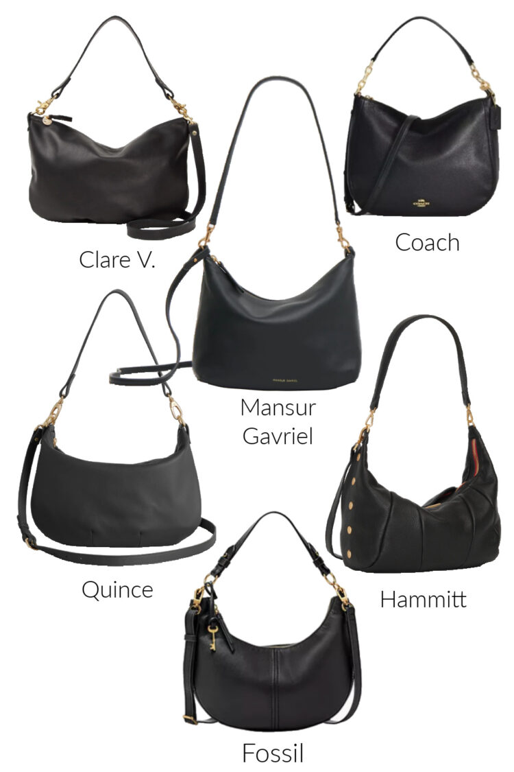 a collage of six black leather crescent bags with two straps