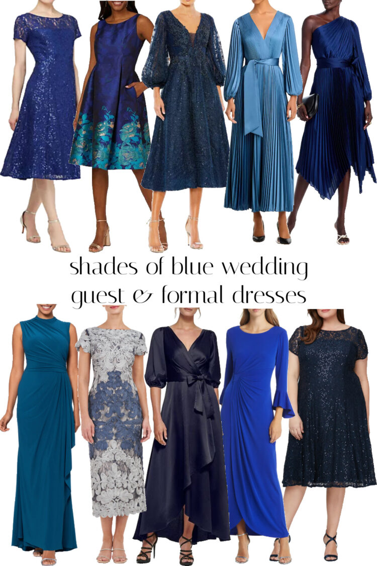 a collage of ten cocktail and mother of the bride dresses in shades of blue