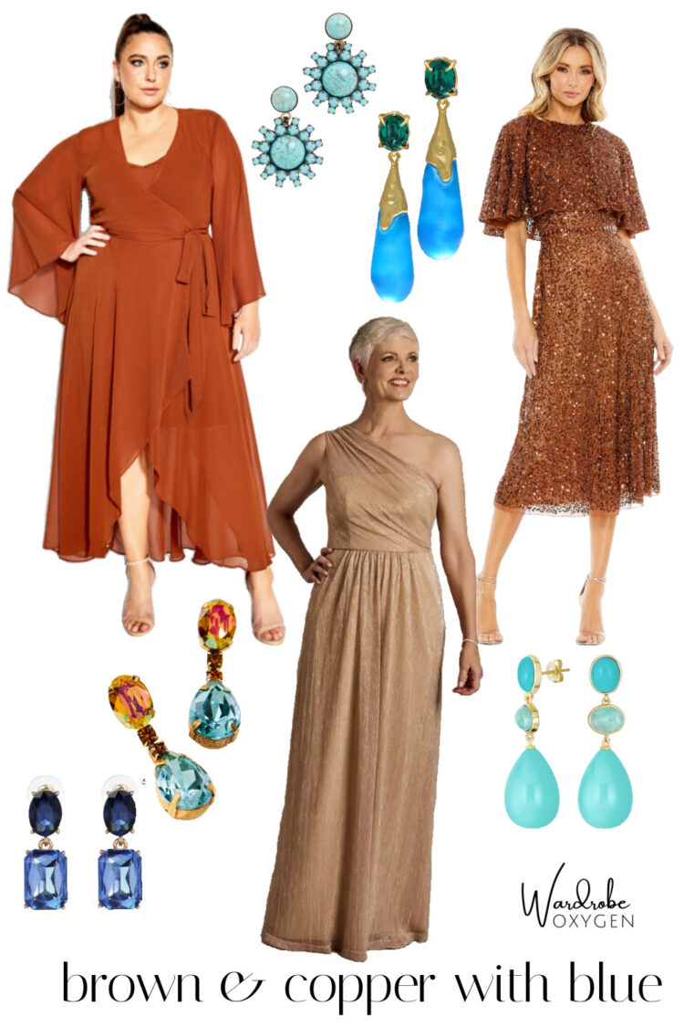 a collage of three brown and copper cocktail dresses with five pairs of blue and turquoise earrings to complement them