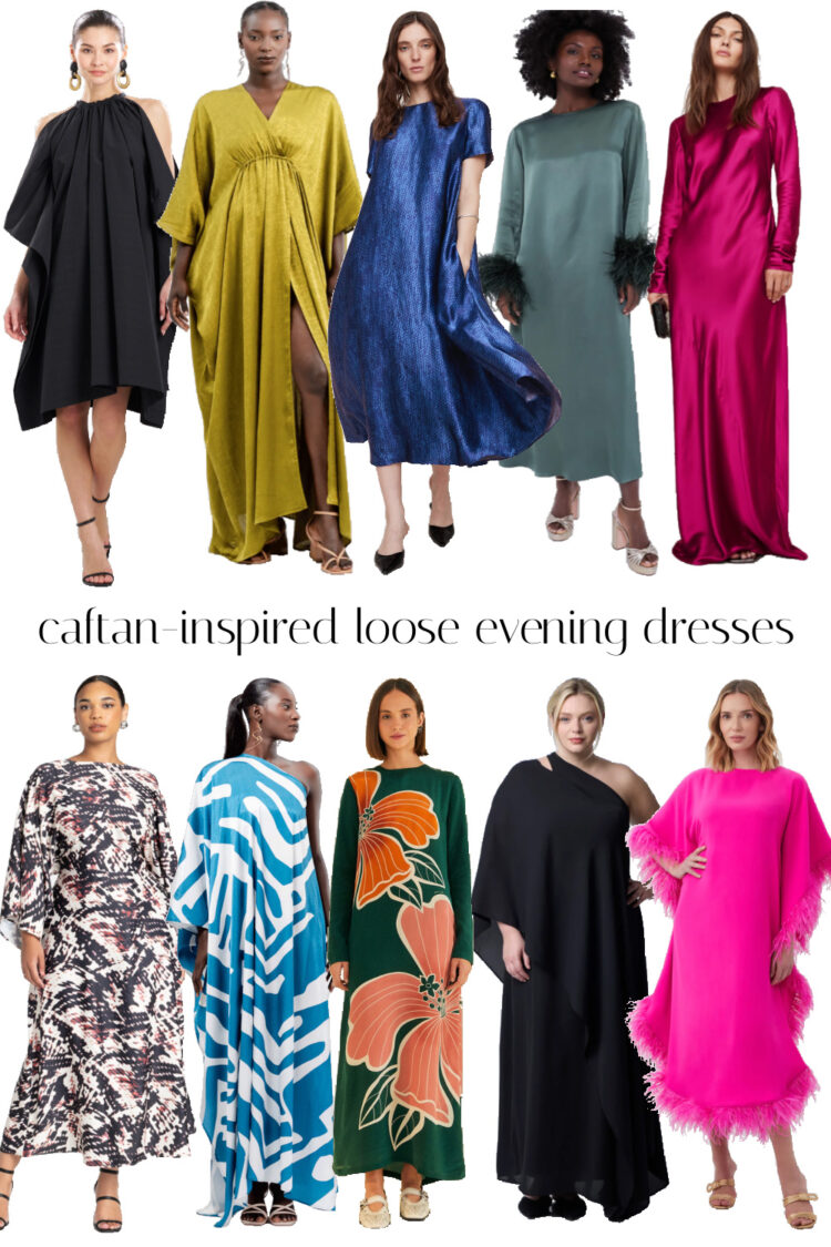 a collage of ten dressy caftans for cocktail parties weddings evening events