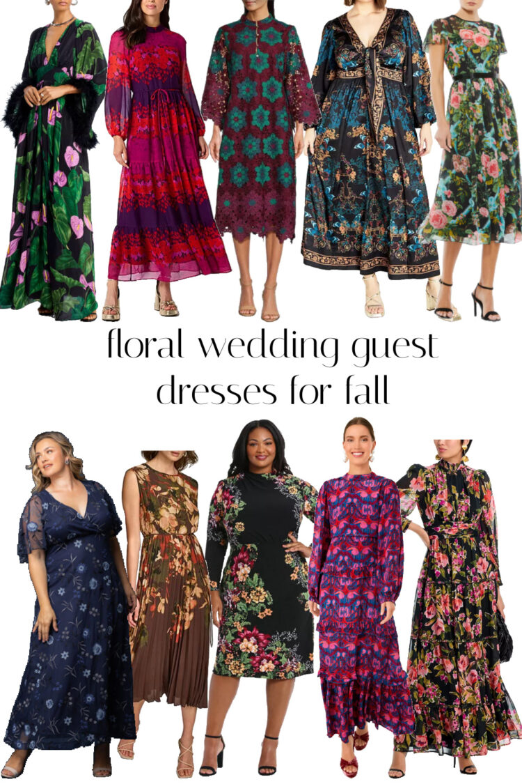 a collage of ten floral wedding guest dresses for fall