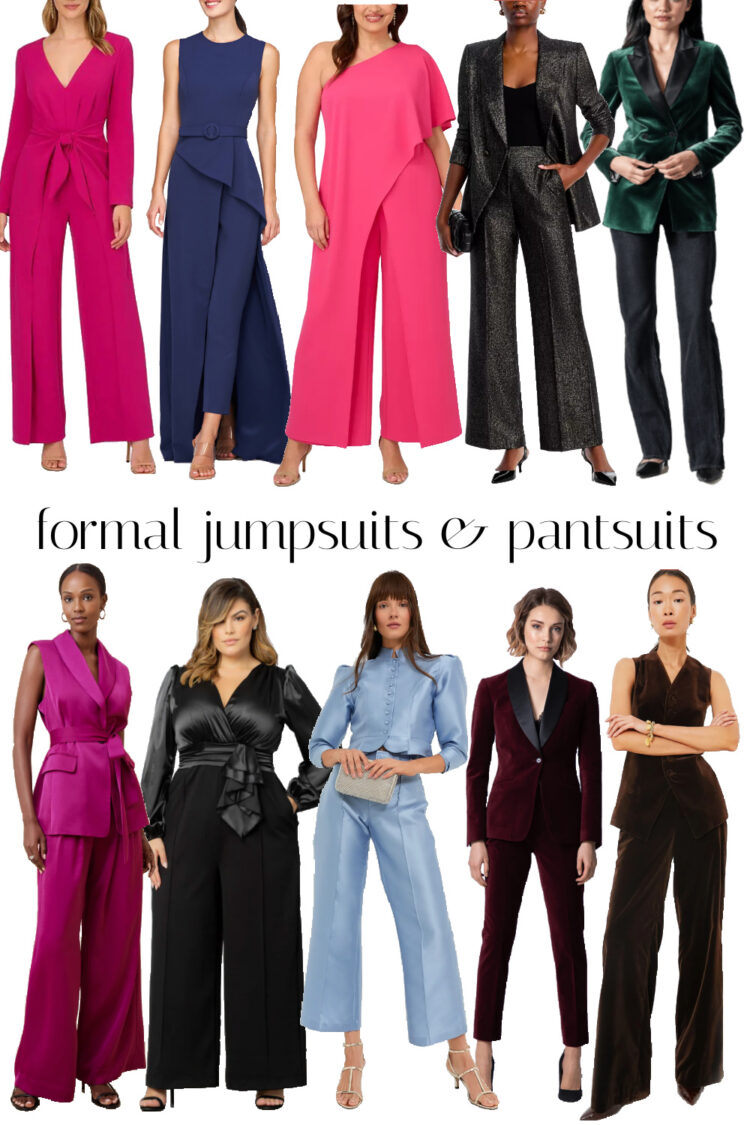 a collage of ten formal jumpsuits and pantsuits for wedding guests and mother of the bride