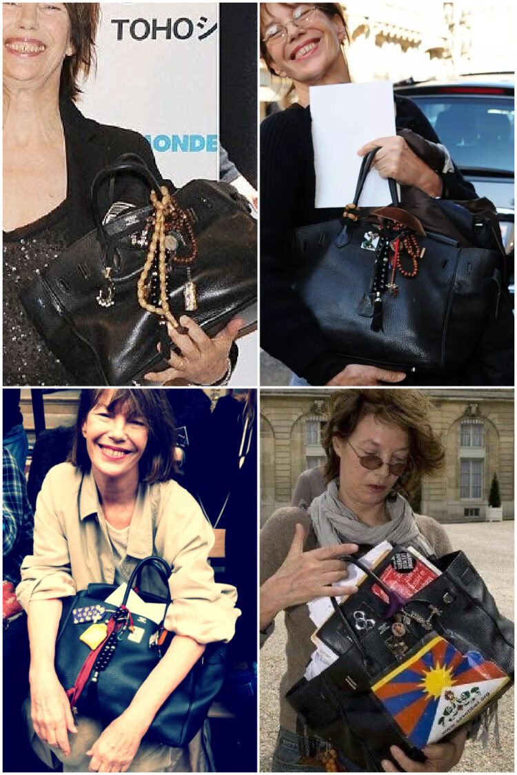 collage of four pictures of jane birkin and her accessorized hermes bags