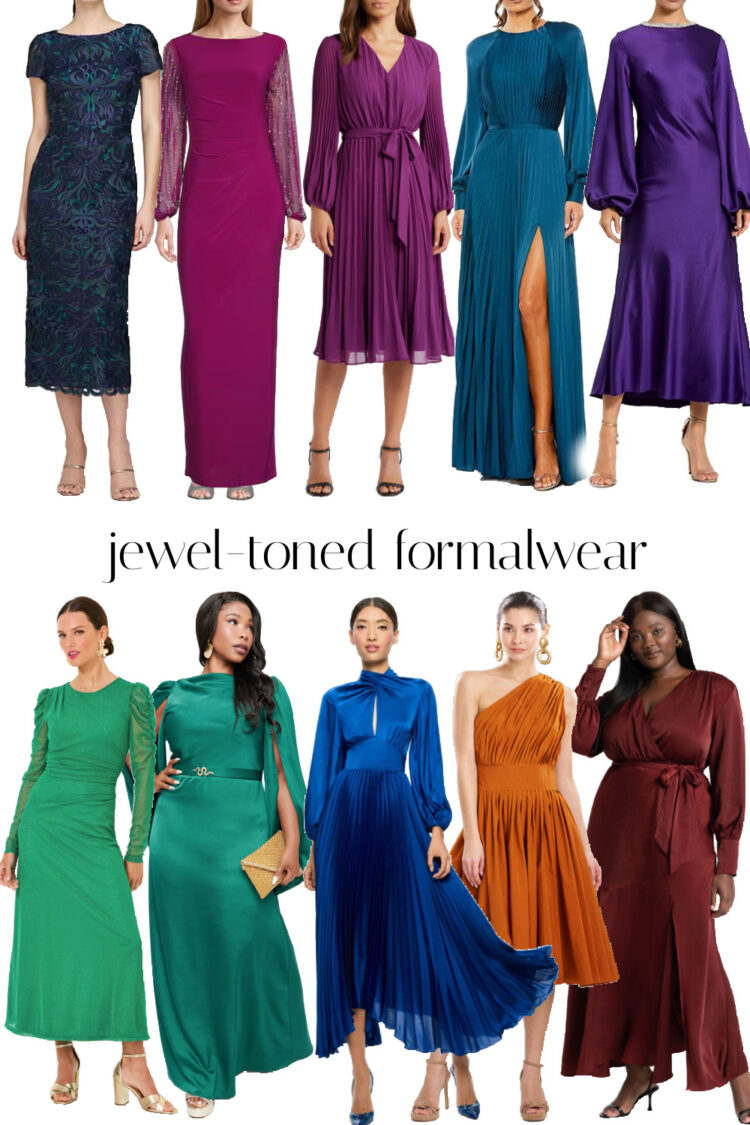 a collage of ten jewel toned formalwear for wedding guest, mother of the bride, cocktail party