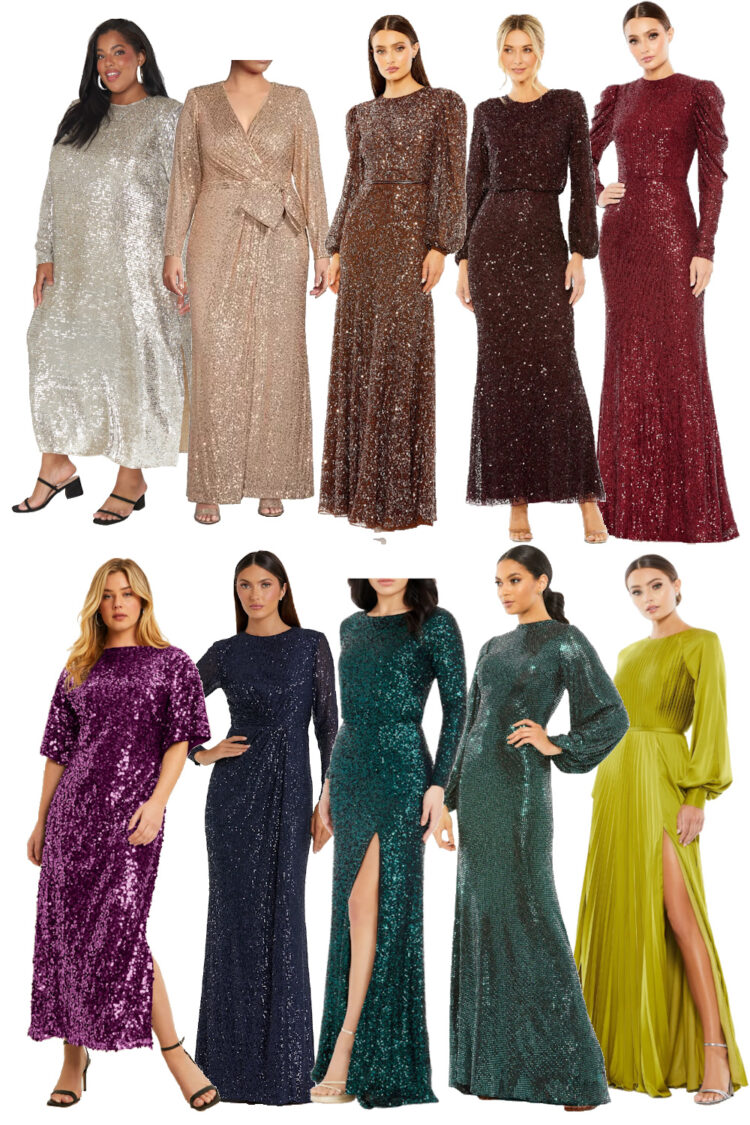 10 long sequined and shiny evening gowns with sleeves for women