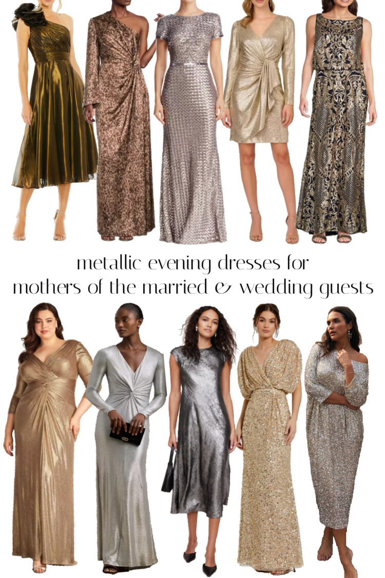 a collage of 10 metallic mother of the bride dresses