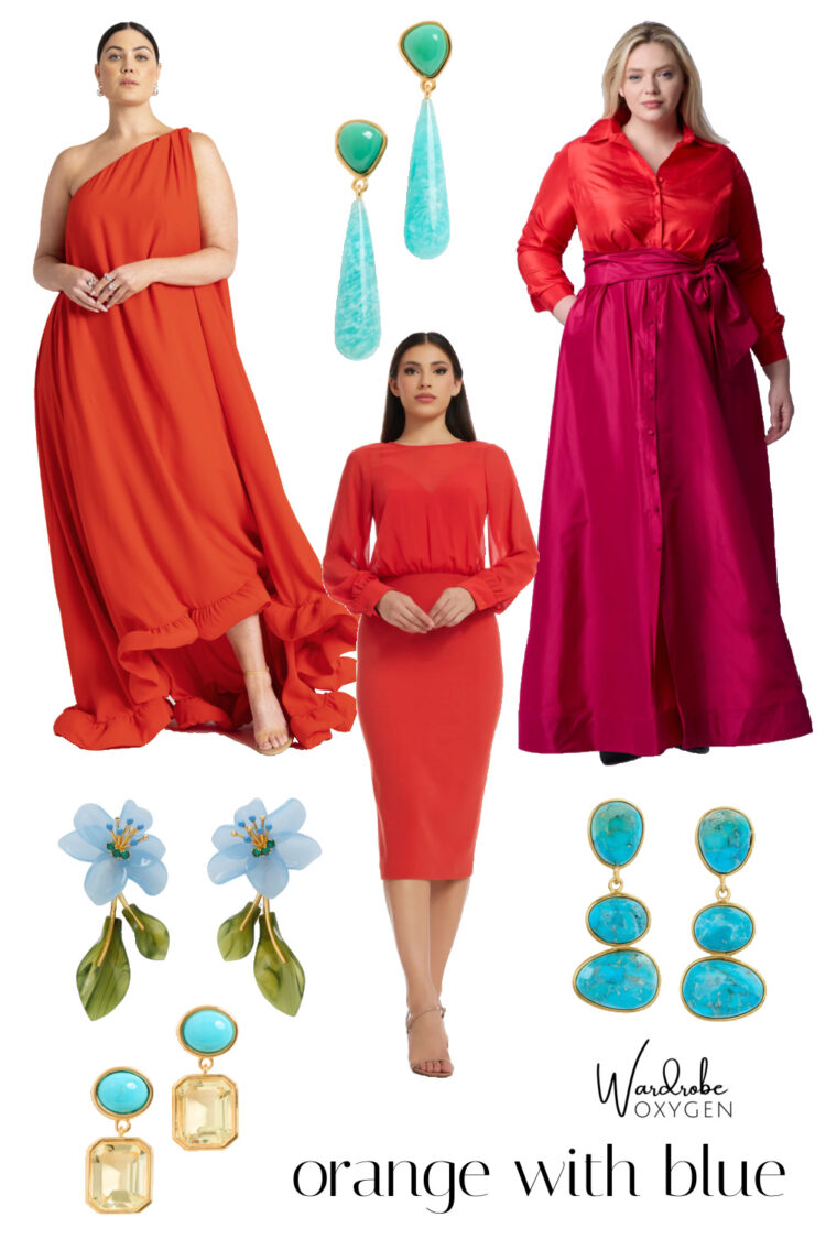 Using the color wheel to accessorize formalwear. Three orange dresses and four pairs of blue earrings to pair with them