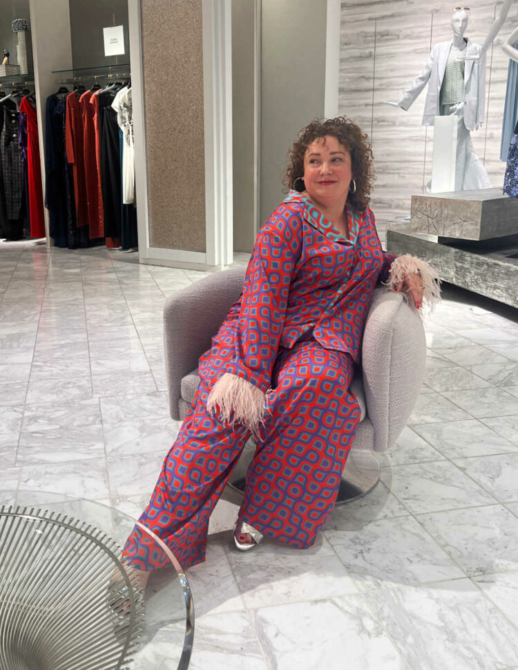 Alison Gary of Wardrobe Oxygen in the Pari Passu Katherine Feather Evening Pajama Set