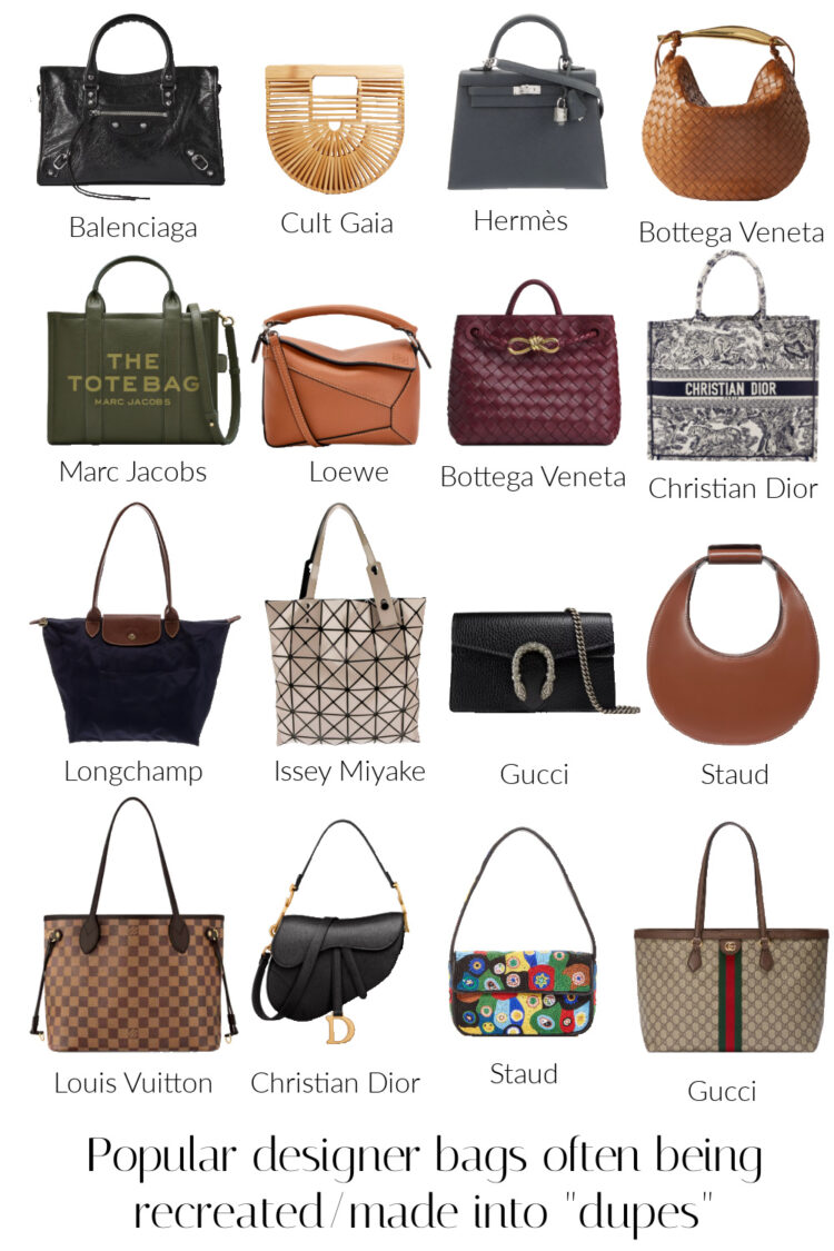 a collage of popular designer bags turned into dupes