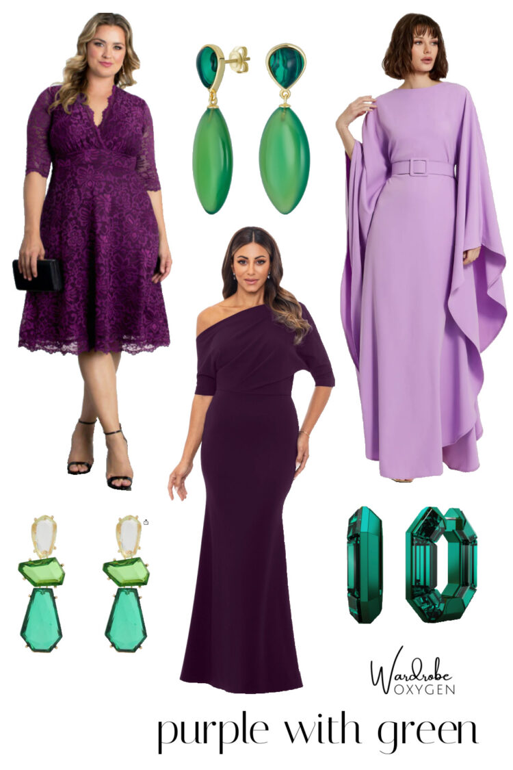 accessorizing formalwear by using the color wheel: three purple occasion dresses and three green earrings