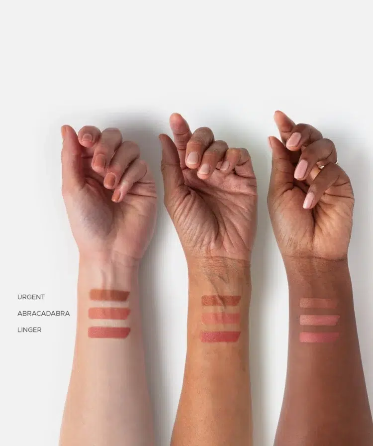 the colors of Flyte.70 ColorBack.Pressed Cheek Blush swatched on the wrists of three women with different skintones