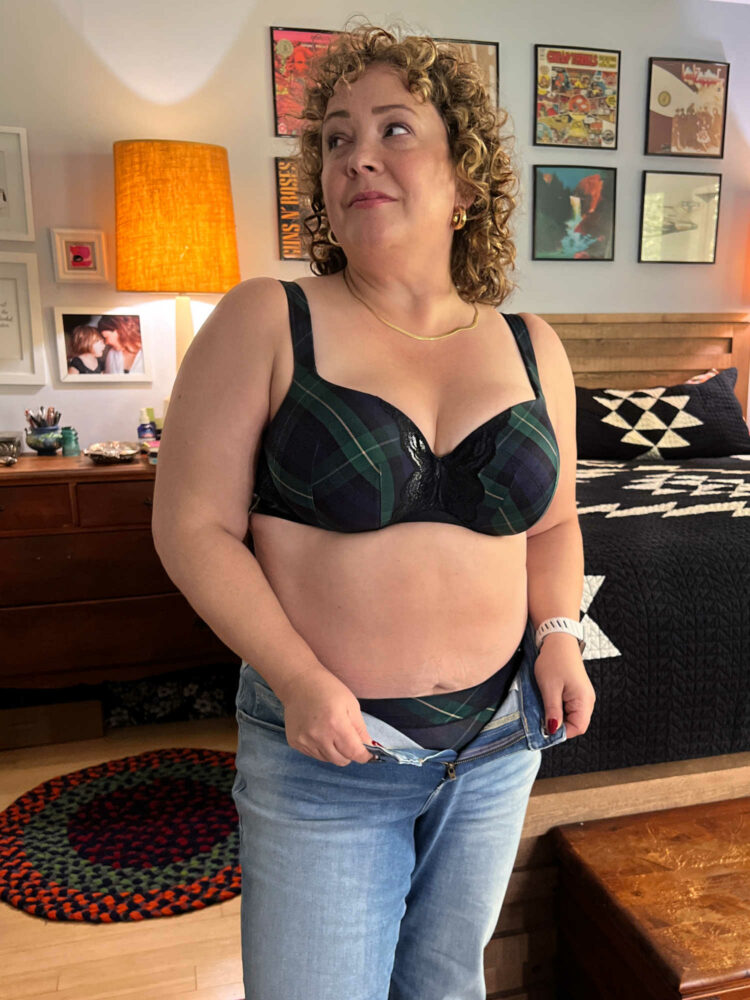 Alison of Wardrobe Oxygen in a green plaid Cacique Comfort Bliss Lightly Lined Balconette Bra With Lace and Lane Bryant jeans