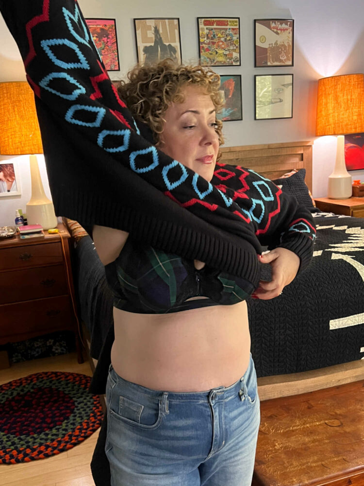 Alison of Wardrobe Oxygen in a green plaid Cacique Comfort Bliss Lightly Lined Balconette Bra With Lace and Lane Bryant jeans