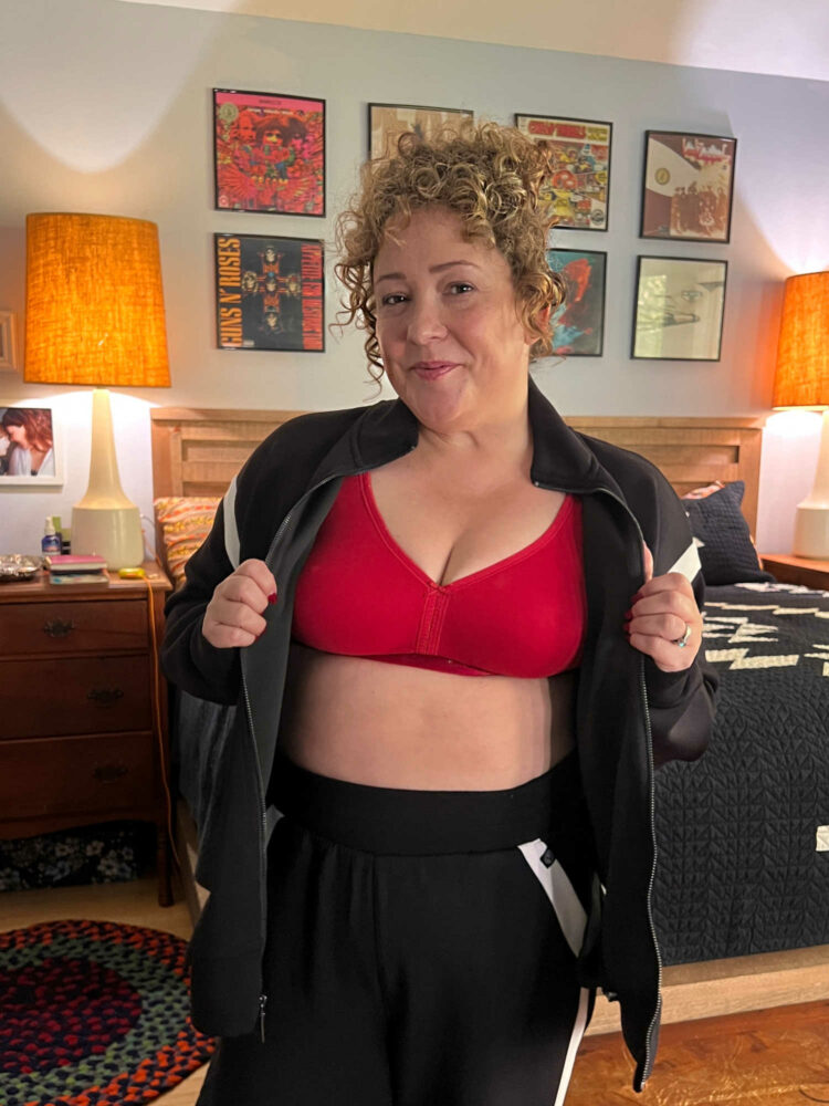 Alison Gary of Wardrobe Oxygen in a Lane Bryant LIVI track suit and Cacique red cotton wireless bra