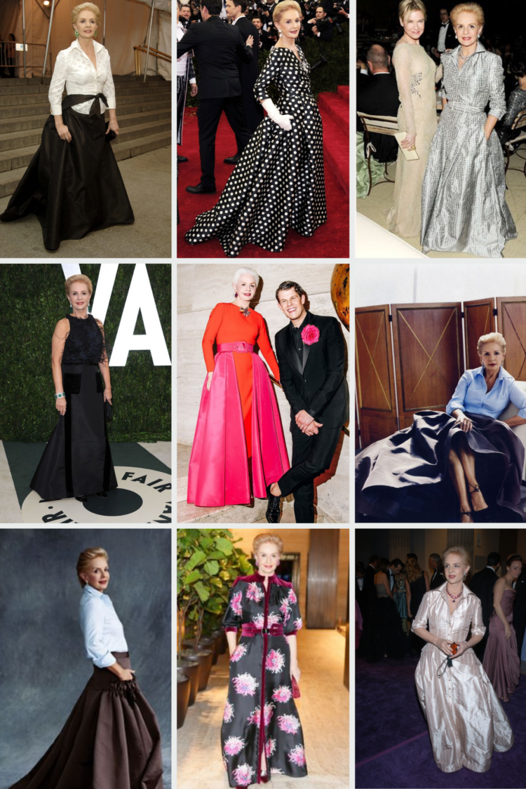 a collage of photos of the designer Carolina Herrera wearing ballskirts or ballgowns with full skirts