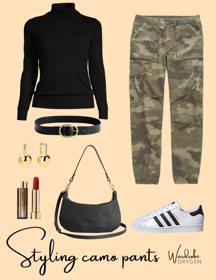 showing how to style camo pants with a black turtleneck and bag, adidas superstar sneakers, small gold earrings from Ana Luisa, and red lipstick from MERIT