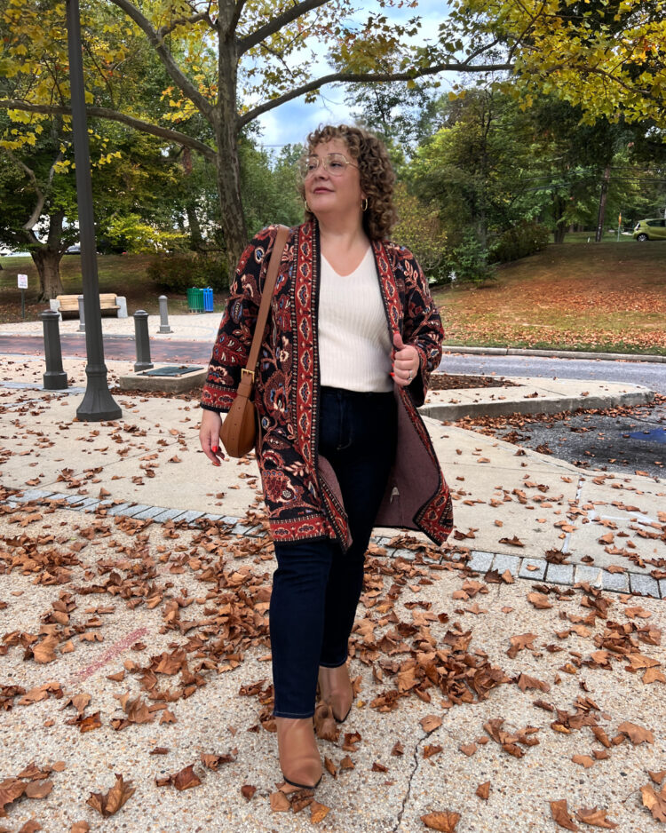 Alison Gary of Wardrobe Oxygen in an outfit from Soft Surroundings with ALLY low heel ankle booties in camel