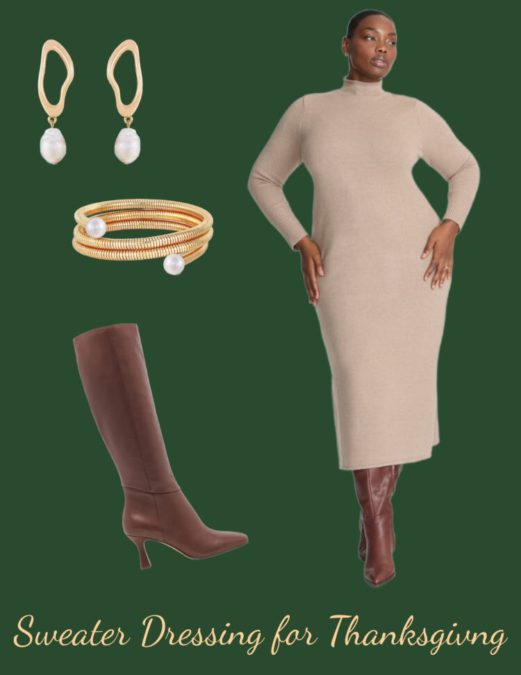 collage of a thanksgiving look for women featuring a sweater dress, boots, and gold jewelry.