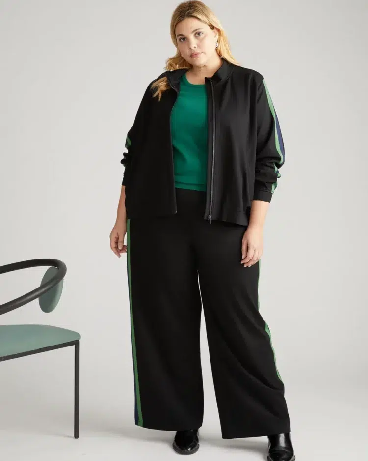 universal standard camden ponte bomber and matching stephanie ponte wide leg pants