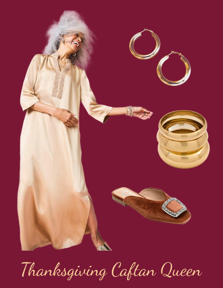 collage of a thanksgiving outfit for women featuring a champagne caftan, gold hoops and large bangles and tan velvet mules