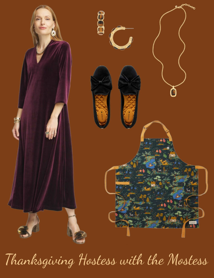 A collage of a look to wear for Thanksgiving featuring a burgundy velour midi dress, black Birdies loafers, gold and tortoise hoops and pendant, and a Rifle Paper Co. apron