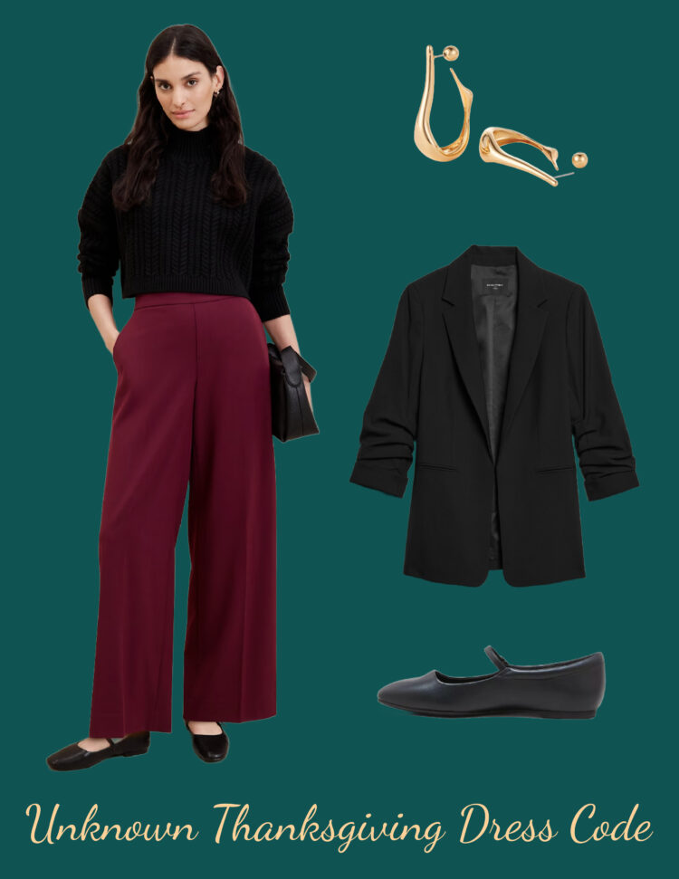 collage of an outfit to wear to thanksgiving when you don't know the dress code including burgundy wide-leg trousers, a black mock neck sweater and blazer, black mary jane flats and statement gold earrings from Jenny Bird.