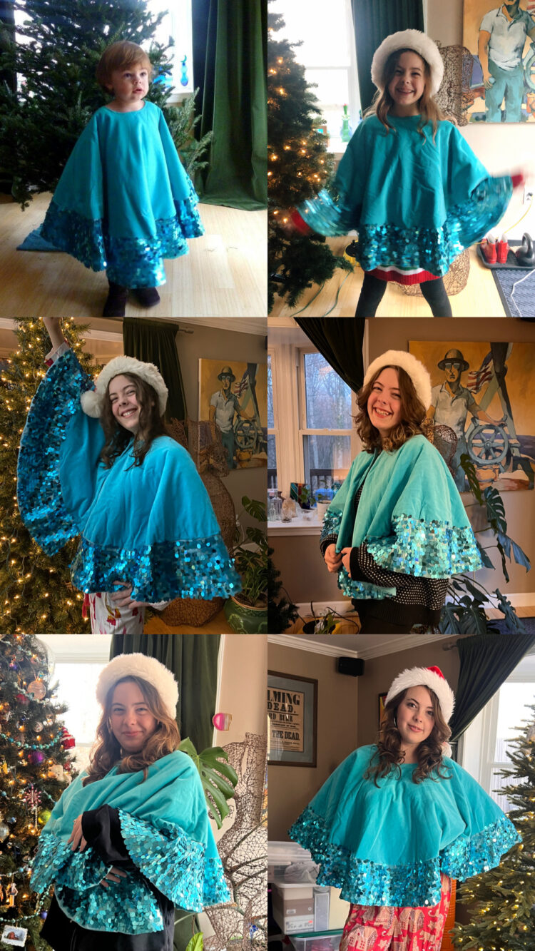 Girl in a turquoise tree skirt in six photos spanning over a decade of her life