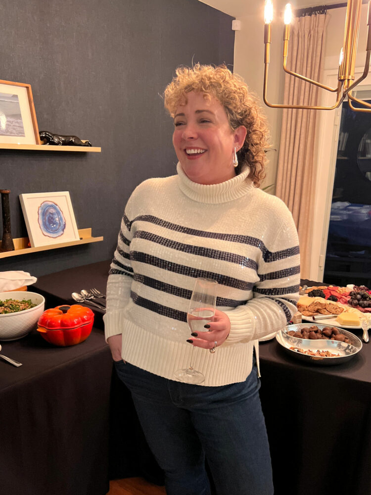 alison gary of wardrobe oxygen in a talbots sequin stripe turtleneck sweateralison gary of wardrobe oxygen in a talbots sequin stripe turtleneck sweater