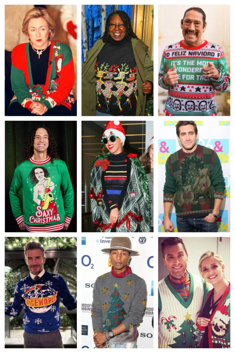 Hillary Clinton, Whoopi Goldberg, Danny Trejo, Kenny G Beyonce, Jake Gyllenhall, David Beckham, Pharell Williams, Lane Bass, and Sarah Michelle Gellar in ugly Christmas sweaters