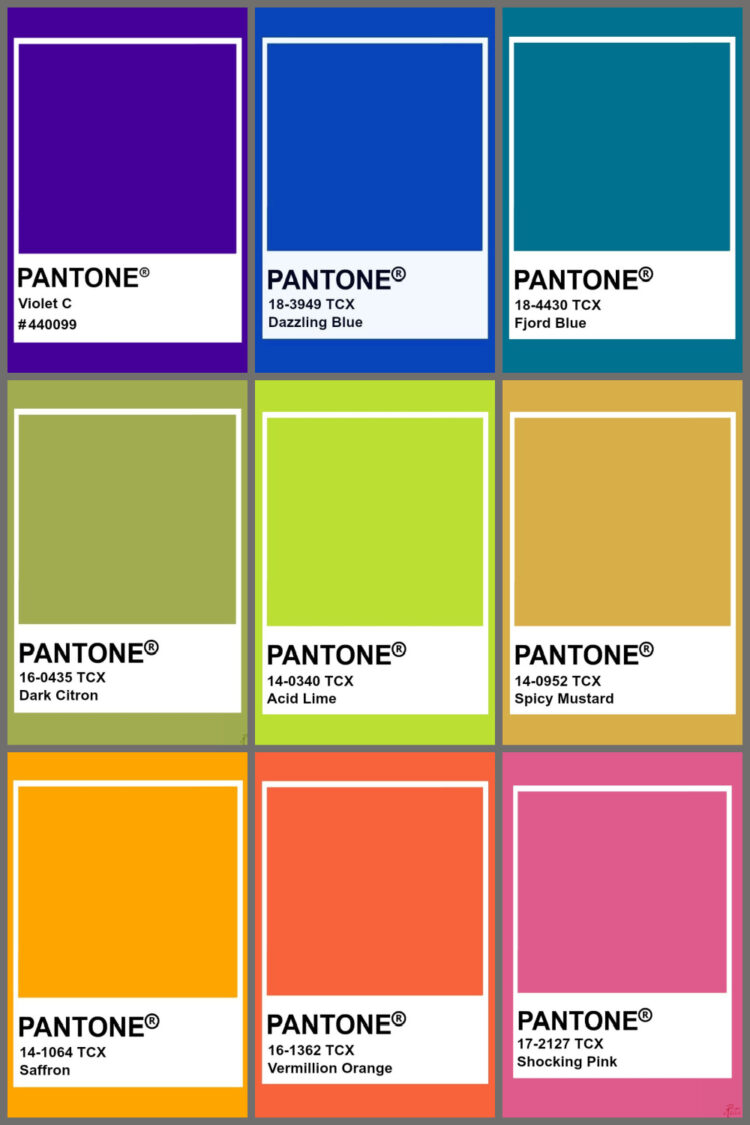 a collage of nine pantone swatches of very bold colors 