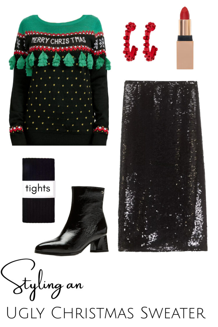 how to style an ugly christmas sweater with a sequin skirt, tights, patent leather booties, red festive earrings, and a red lip