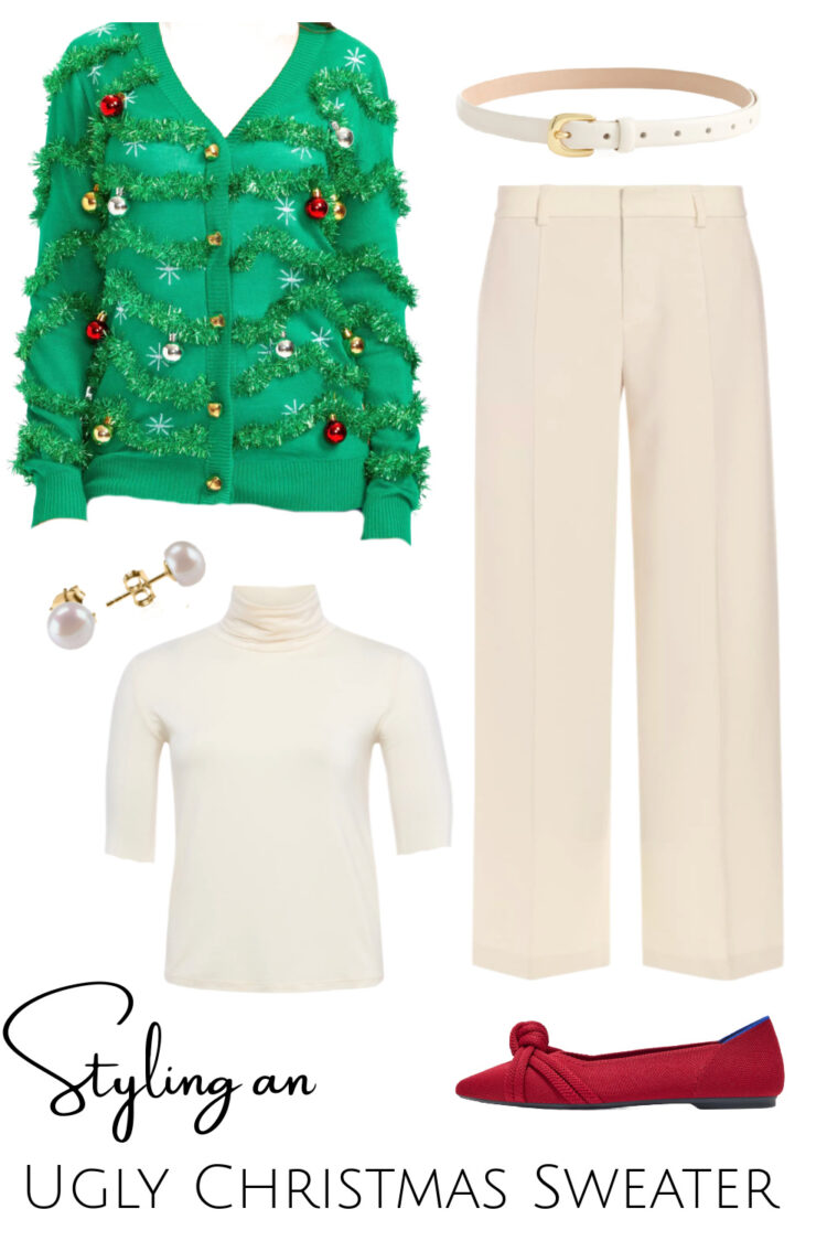 collage of an ugly christmas sweater styled for work with ivory trousers and Rothys red loafers