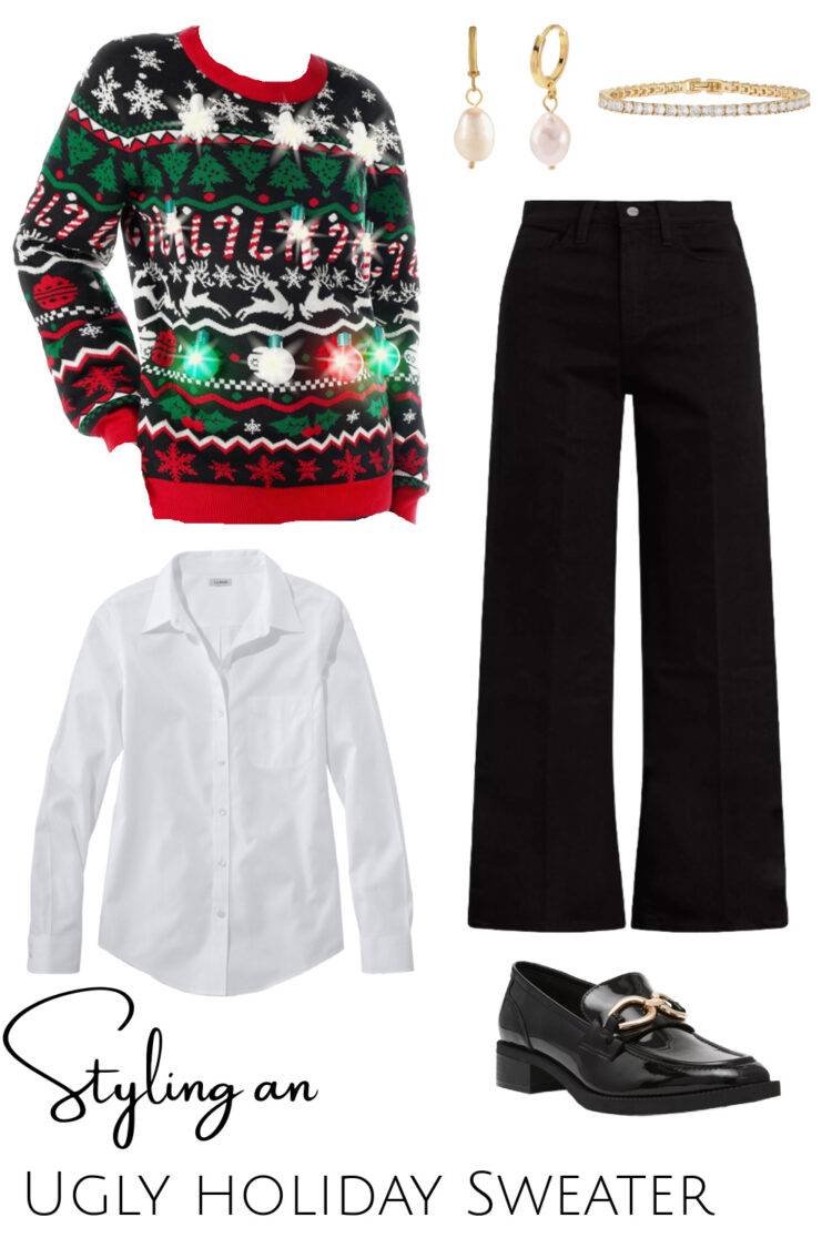 styling an ugly christmas sweater with a white collared shirt, wide leg jeans, black loafers, and gold delicate jewelry