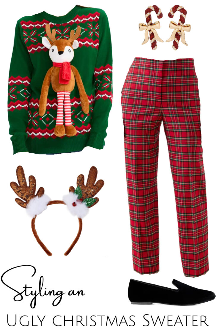 a sweater and pants with a reindeer headband