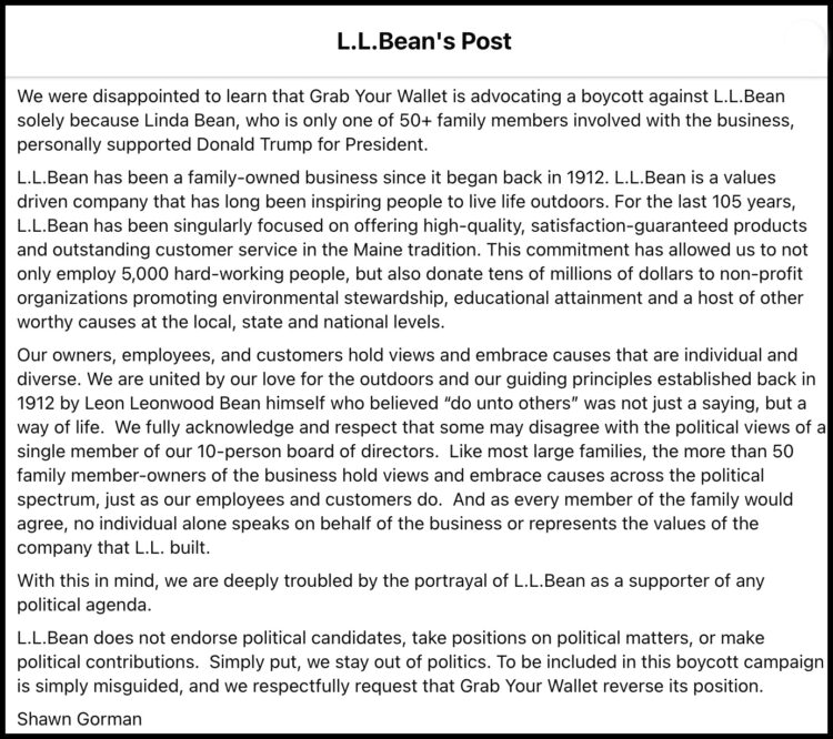 Screenshot of a January 8, 2017 Facebook message on the L.L.Bean profile where the Chairman is distancing himself from Linda Bean