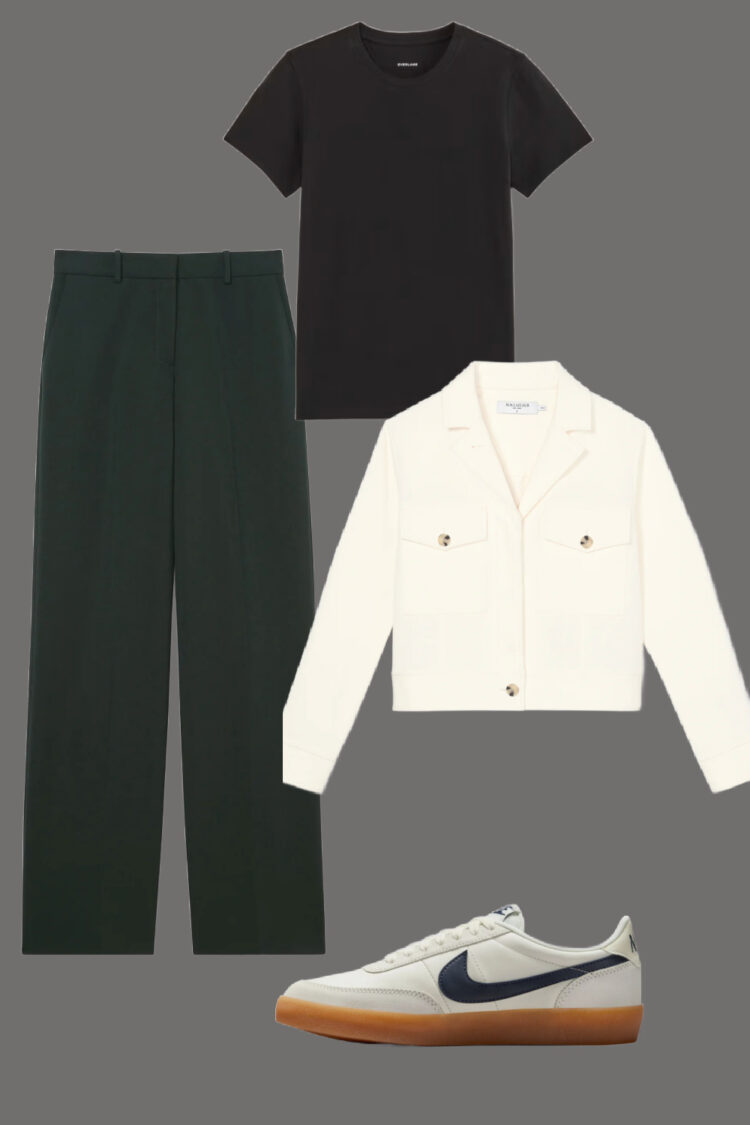 Adding a black tee to a capsule wardrobe pairing with ivory jacket and green pants and sneakers