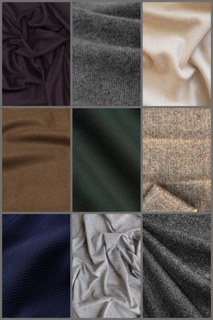 a collage of nine fabric swatches in shades of brown, gray, navy, dark green, and dark plum