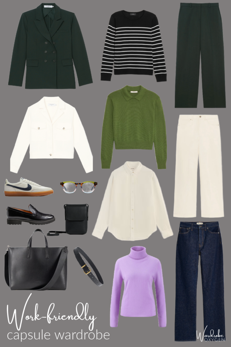 Collage of clothing for a capsule wardrobe incorporating three bottoms, four tops, two jackets, two pairs of shoes, glasses, a belt, a laptop bag, and a personal crossbody bag all in shades of green, ivory, black, dark denim, and a pop of lavender