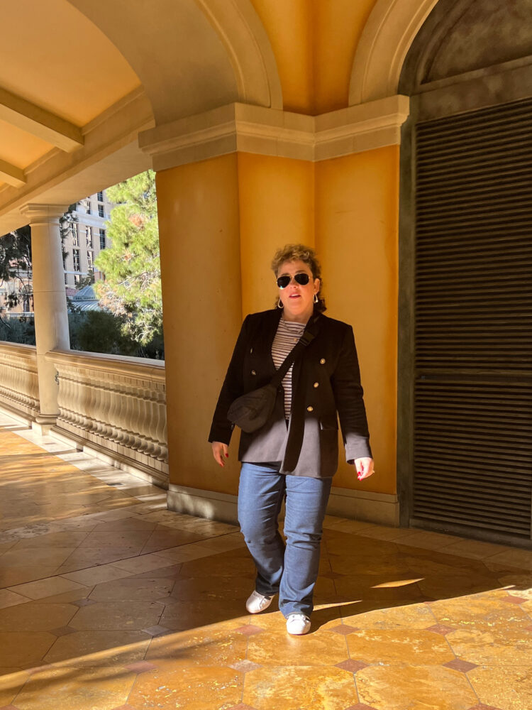 alison in a loft blazer and breton top | 50th Birthday in Vegas in January