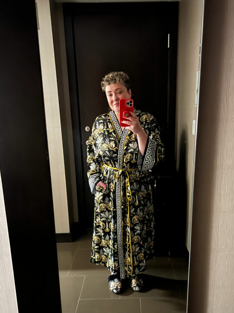 alison in a printfresh robe and slippers | 50th Birthday in Vegas in January