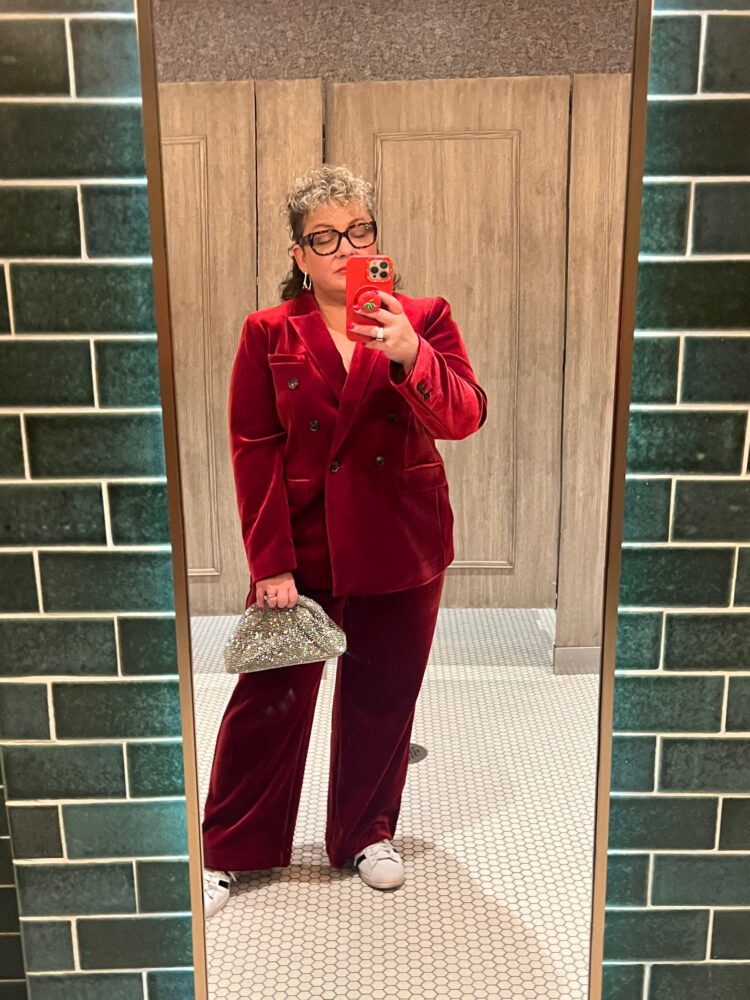 loft red velvet pantsuit | 50th Birthday in Vegas in January