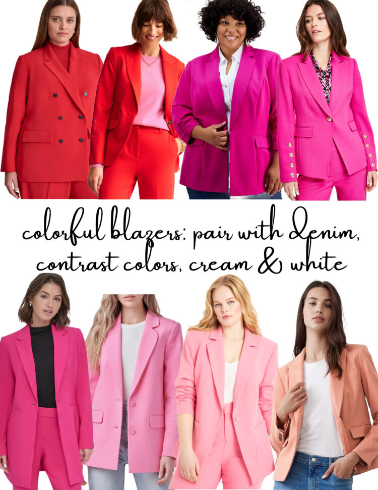 collage of eight misses and plus size blazers in shades of red and pink