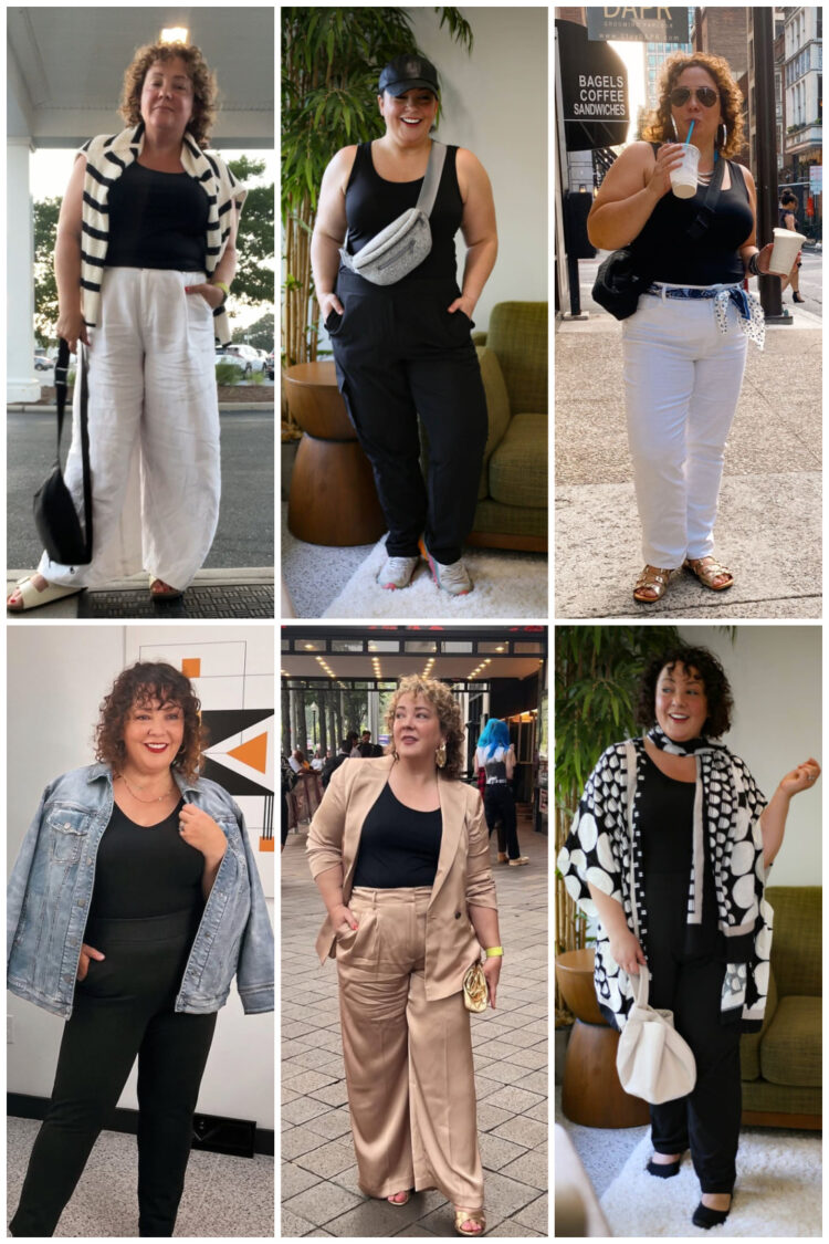 six pictures of Alison Gary wearing a black Chico's microfiber tank