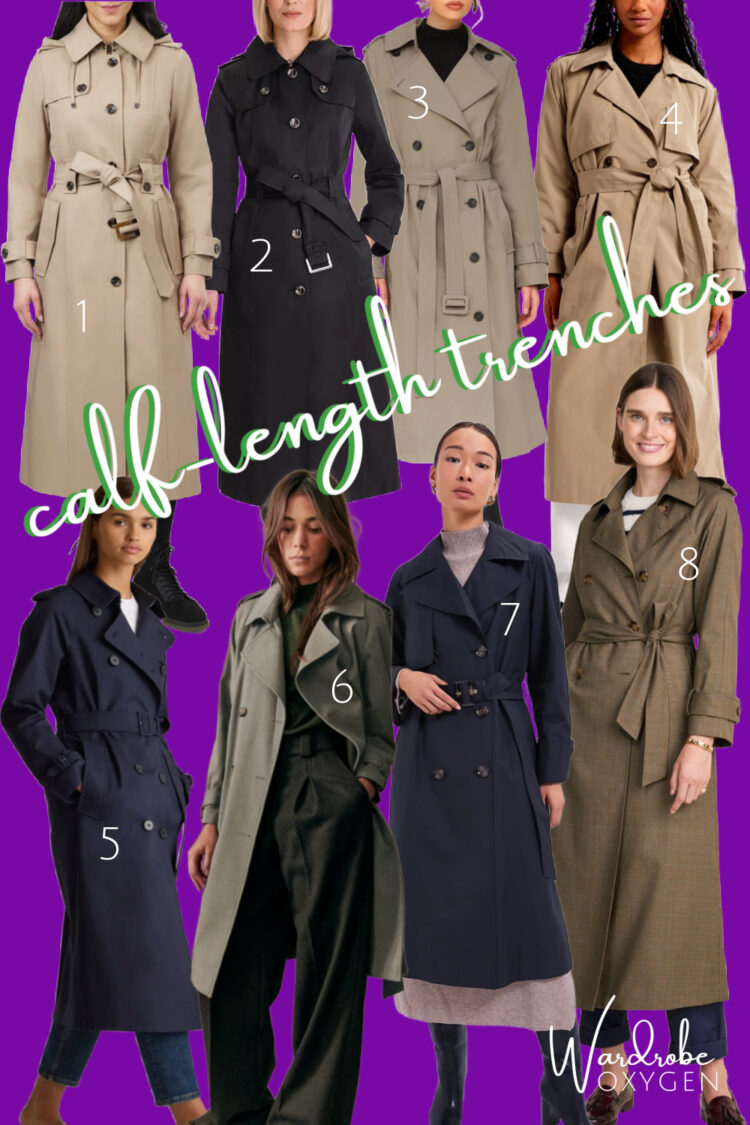 collage of eight water resistant calf length trench coats for women