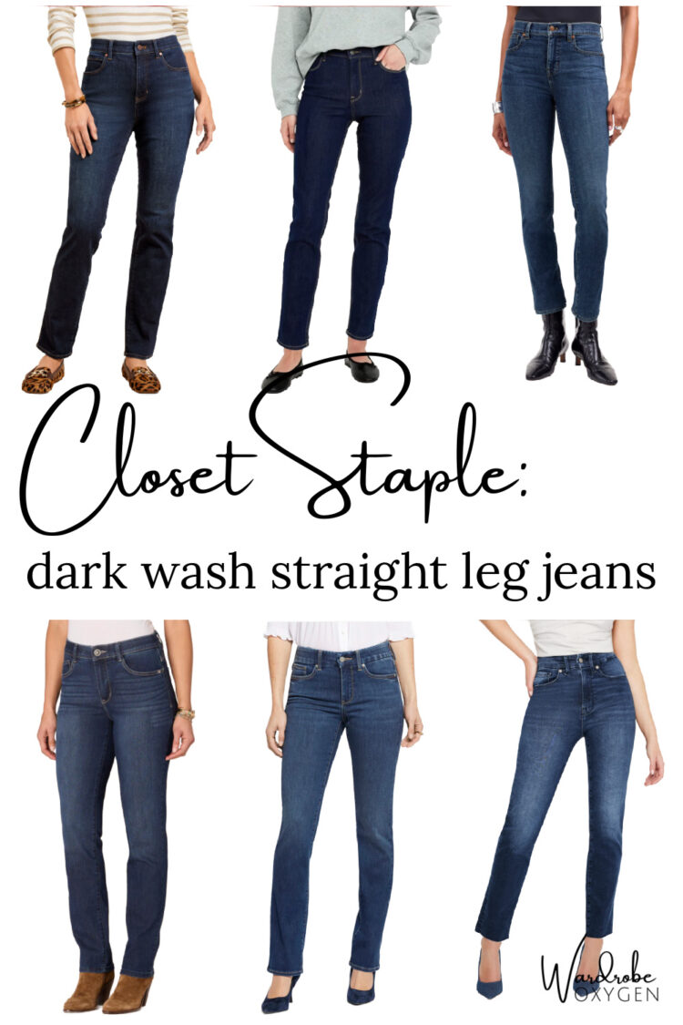 closet staple for women in midlife- dark wash straight leg jeans