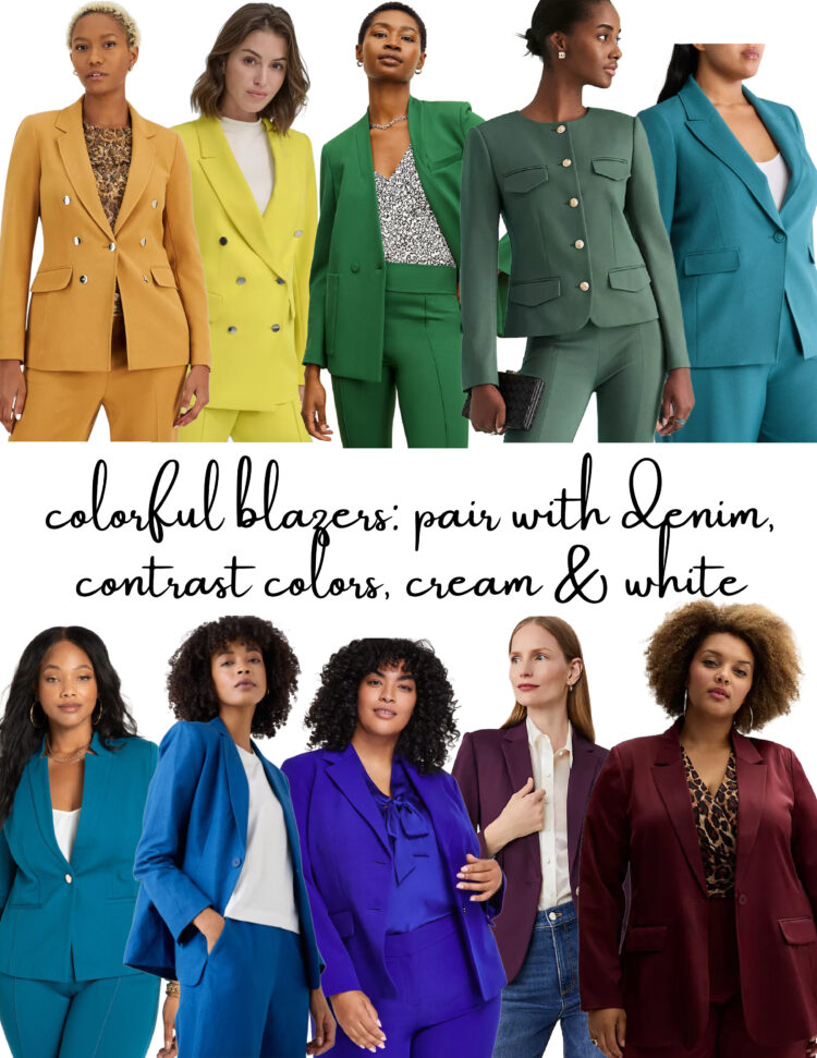 collage of 10 misses and plus size blazers in shades of green, blue, and purple