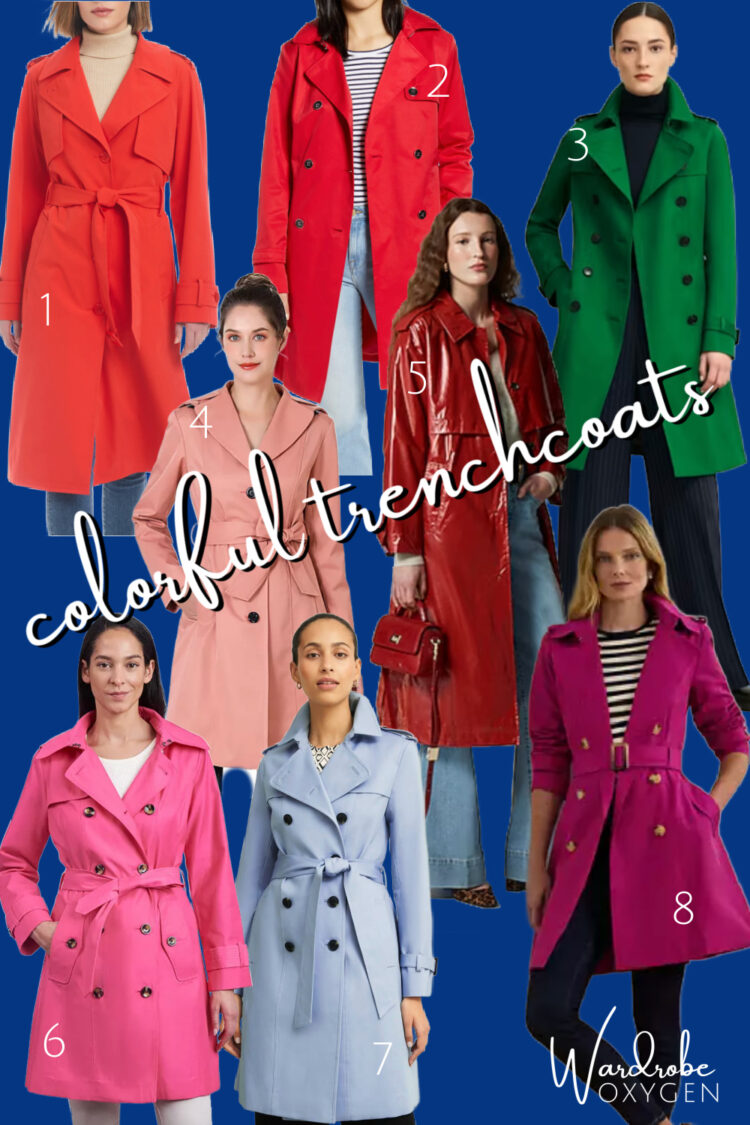 collage of eight different colorful trenchcoats for women